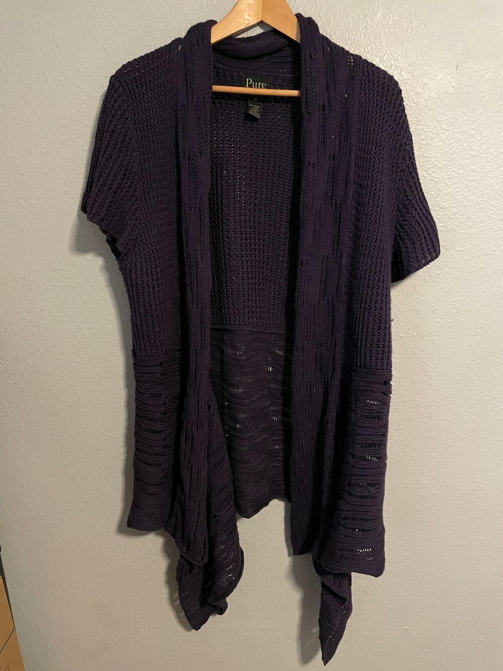 Pure Handknit Womens Cardigan 1X Purple Short Sleeve Open Drape Anthropologie